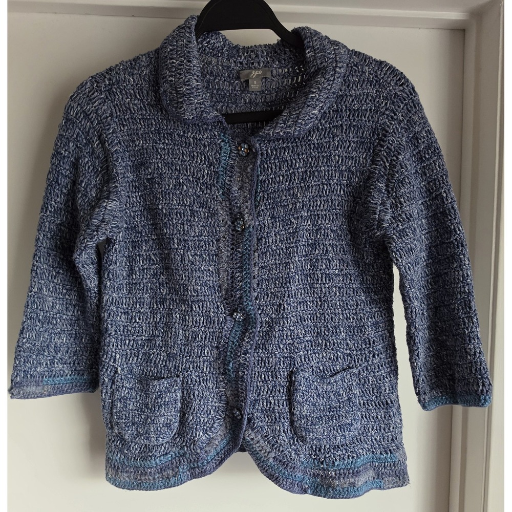 J.Jill Cardigan S Blue Linen Cotton Collared 3/4 Sleeve Casual Sweater Top